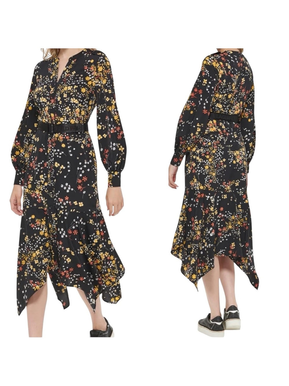 Karl Lagerfeld Paris long sleeve button dress asymmetrical floral size 4
